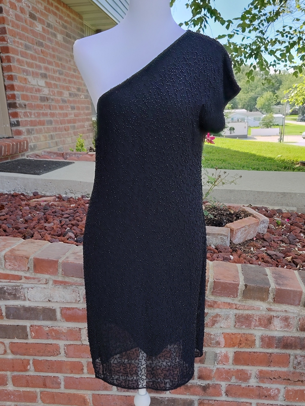 Vintage Monique Leshman Beaded One Off Shoulder Mini Dress Size L Y2K Whimsigoth